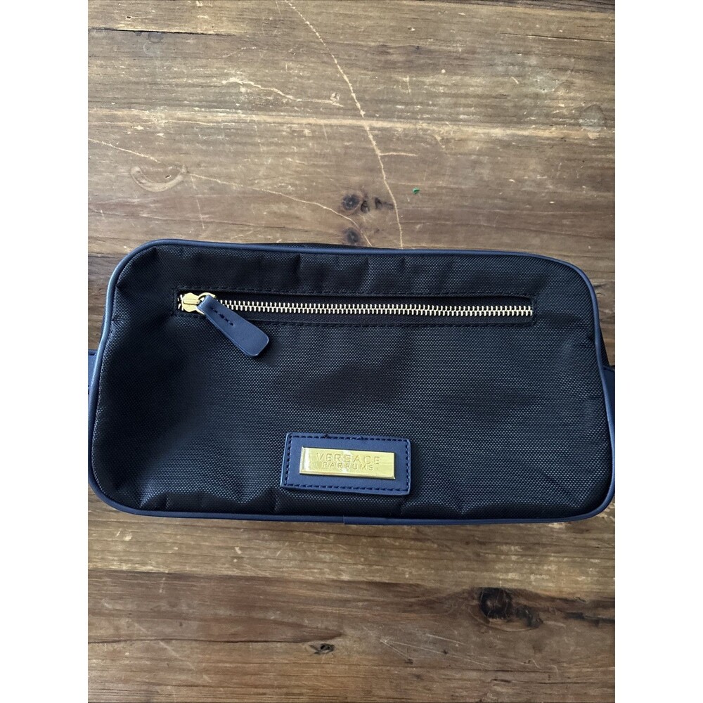 Versace Parfums Blue Canvas Zip Cosmetic Toiletry Bag Y2K 80s 90s Travel Luggage